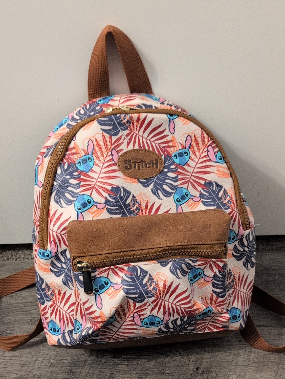 Bioworld Pink Tropical Disney Stitch Mini Backpack with Brown Trim